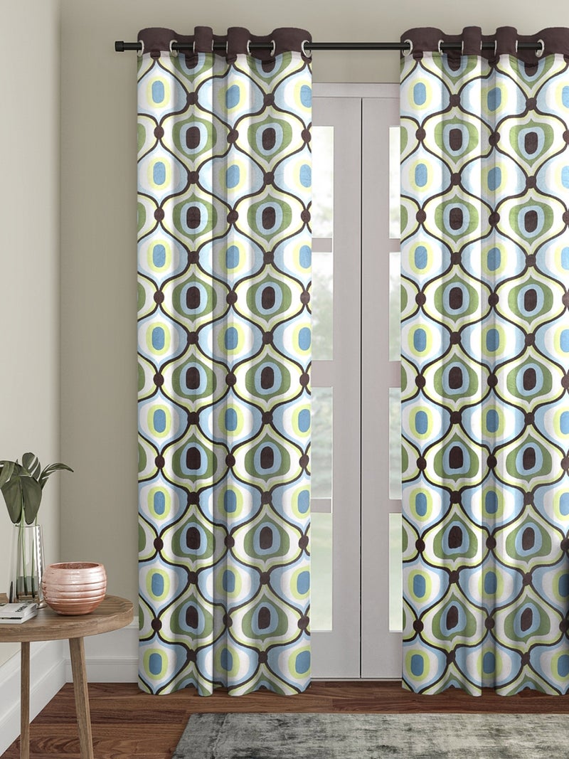 Geometric Printed Velvet Curtain for Door - Green & Blue
